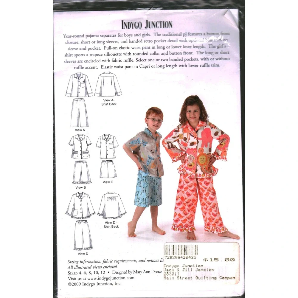 Indygo Junction Jack & Jill Jammies IJ842 Sewing Pattern Boys Girls Sizes 4-12